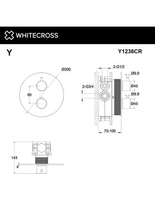 Смеситель термостатический для душа скрытого монтажа на 2 выхода WHITECROSS Y Y1236CR (хром)
