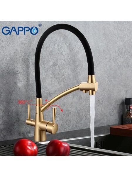 G4398-1 Смеситель для кухни с фильтром д/питьевой воды, бронза+чёрный силиконовый носик GAPPO